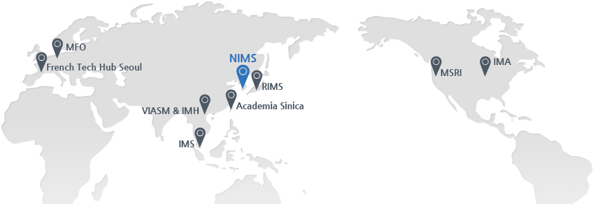 NIMS, RIMS, Academia Sinica, VIASM & IMH, IMS, MFO, MSRI, IMA, French Tech Hub Seoul와 국제협력을 맺었습니다.